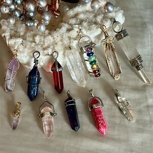 Collection 12 Piece Multi Gemstone Hexagon Freeform Drop Wire Wrap Pendants